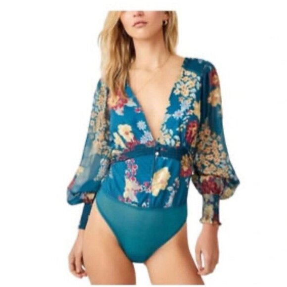 NEW Free People Wanderlust Bodysuit Floral Print Long Sleeve Chiffon Size Small - Picture 2 of 11